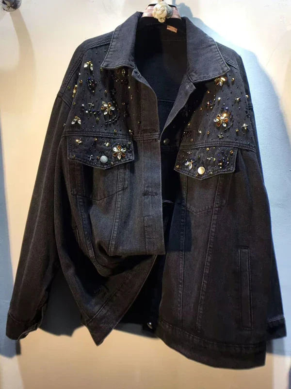 DEAT Women's Denim Coat Wash Black Beading Flowers Diamonds Patchwork Loose Long Sleeve Jackets Summer New Fashion 29L3587 Wash Black