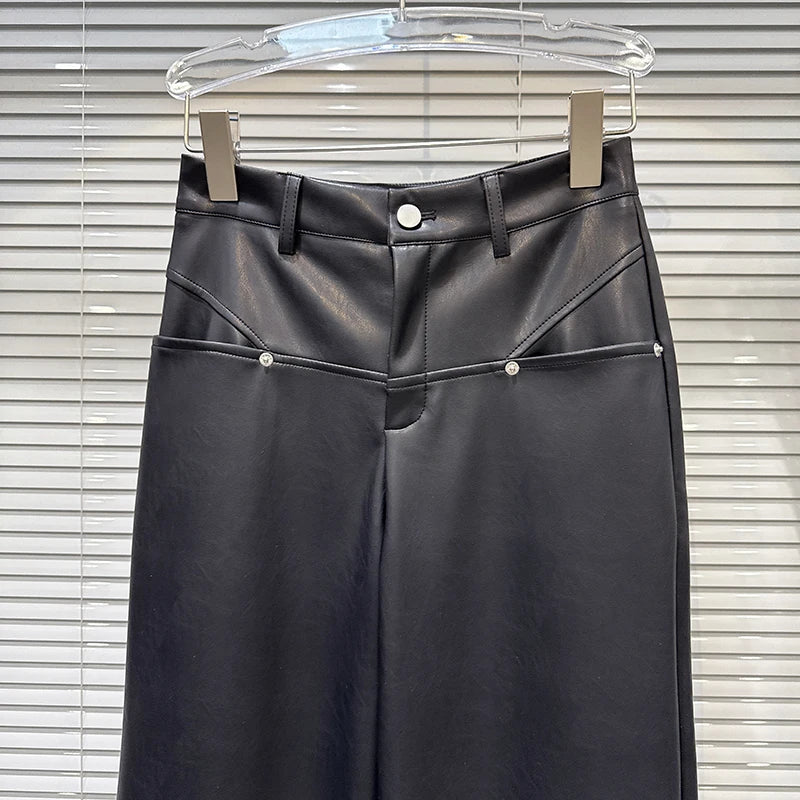 Winter New Fashion Metal Rivet Design PU Leather Pants For Women High Waist Loose Wide-Leg Casual Pant 11A07827