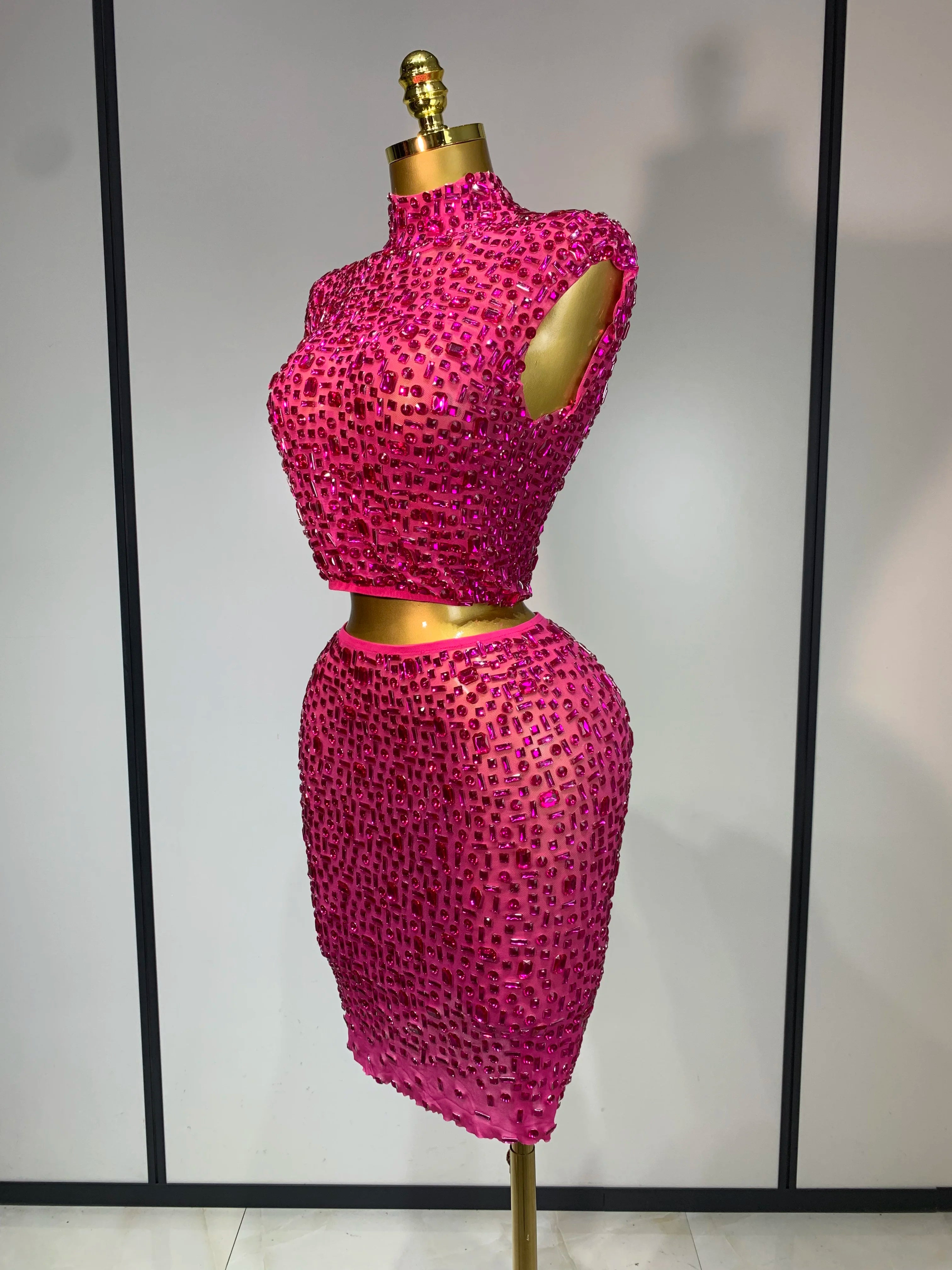 Sexy Sparkly Crystal Diamonds Mesh See Through Two Piece Set Women Elegant Evening Party Costume Singer Stage Performance Outfit