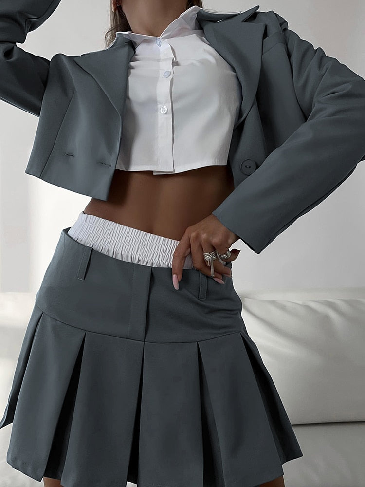 Taruxy – ensemble deux pièces décontracté pour femme, tenue d'automne, noir, assorti avec jupe et Blazer, haut court, nouvelle collection 2022