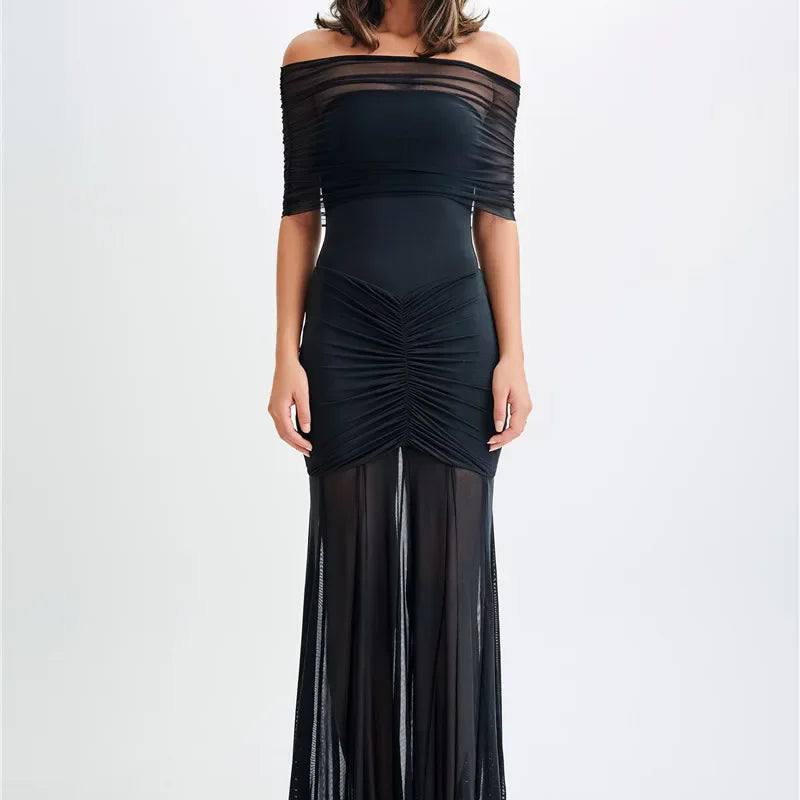 Mesh Strapless Off-shoulder Sexy Ruffled Mini Dress For Women Fashion Backless High Waist Female Ruched Party Dress Burgundy