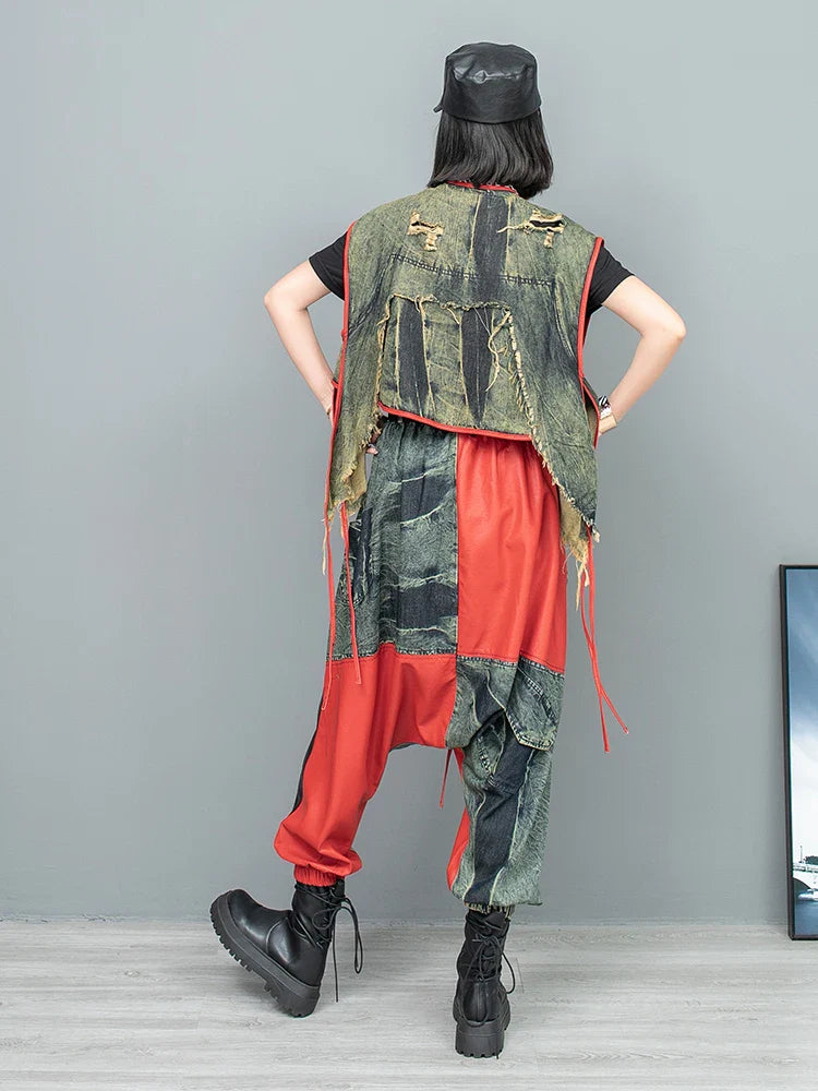 Spring Summer New Cool Distressed Denim Patchwork Irregular Vest + Hanging Crotch Pants Two-piece Set Women LX076