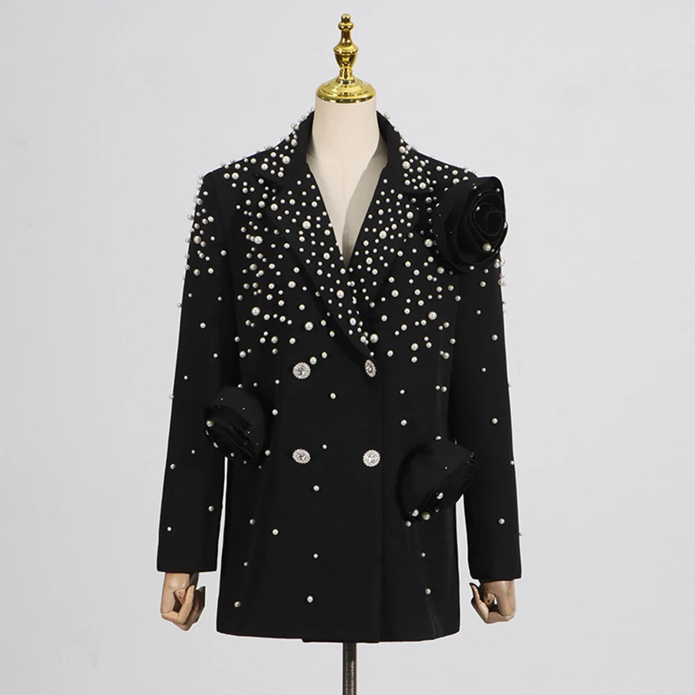 Solid Loose Spliced Appliques Elegant Jackets for Women Lapel Long Sleeves Patchwork Bead Luxurious Jacket Female BLACK