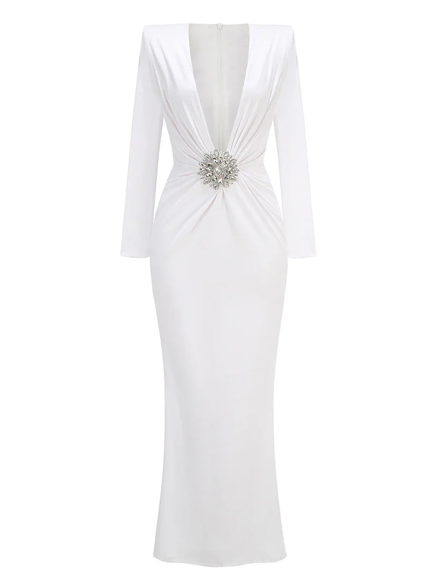 Women Celebrity Sexy Deep V Neck Black Maxi Long Rhinestone Diamonds Gowns Dress 2025 Elegant Evening Party Club Dress Vestido WHITE