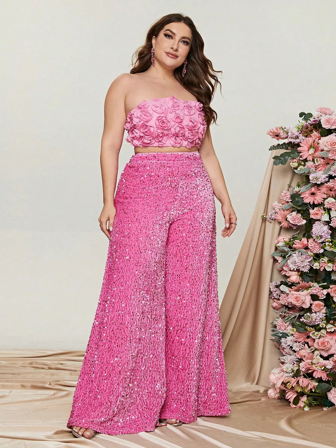 Plus Size Tube Top 3D Flower and Sequin Party Suit