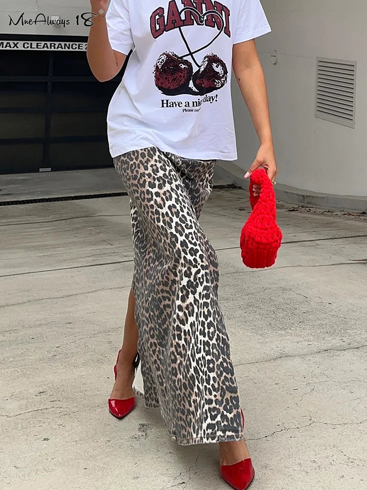 Mnealways18 Vintage Leopard Print Straight Skirts Female Street Chic High Waist Long Skirt Summer Office Split Skirt Cotton