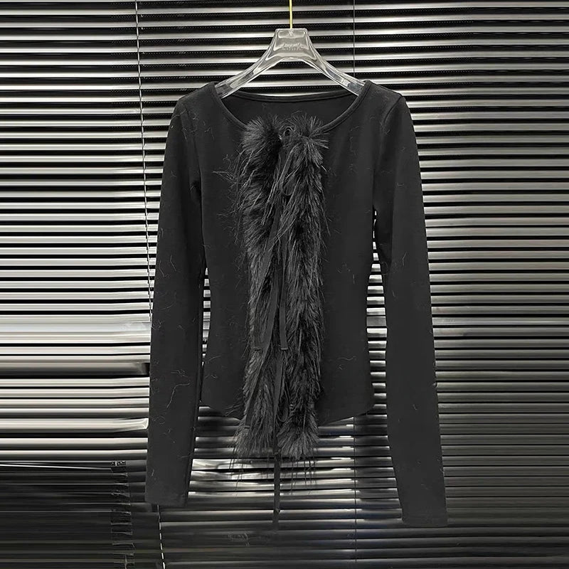 Autumn Winter New Lace-Up Slim Fit T-Shirt For Women High-End Layered Patchwork Base Shirt Top Female Trend 11A07879 Black