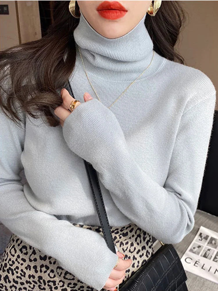 Women Turtleneck Sweaters Casual Soft Long Sleeve Pullovers Elastic Jumpers Knitwear Slim Basic Sweater For Women Autumn Winter Light Blue One Size