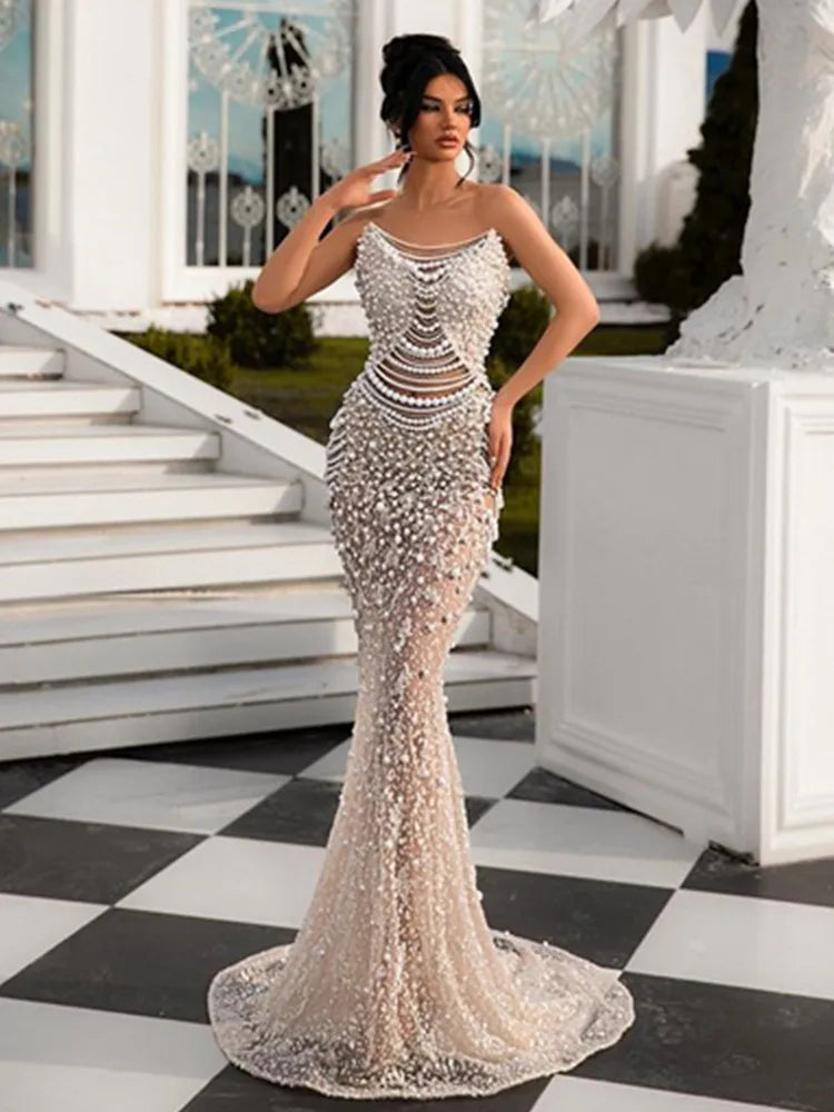 Women Luxury Sexy Strapless Backless Pearl Sequins Maxi Long Beige Gowns Dress Elegant Evening Party Club Dress Vestido Beige
