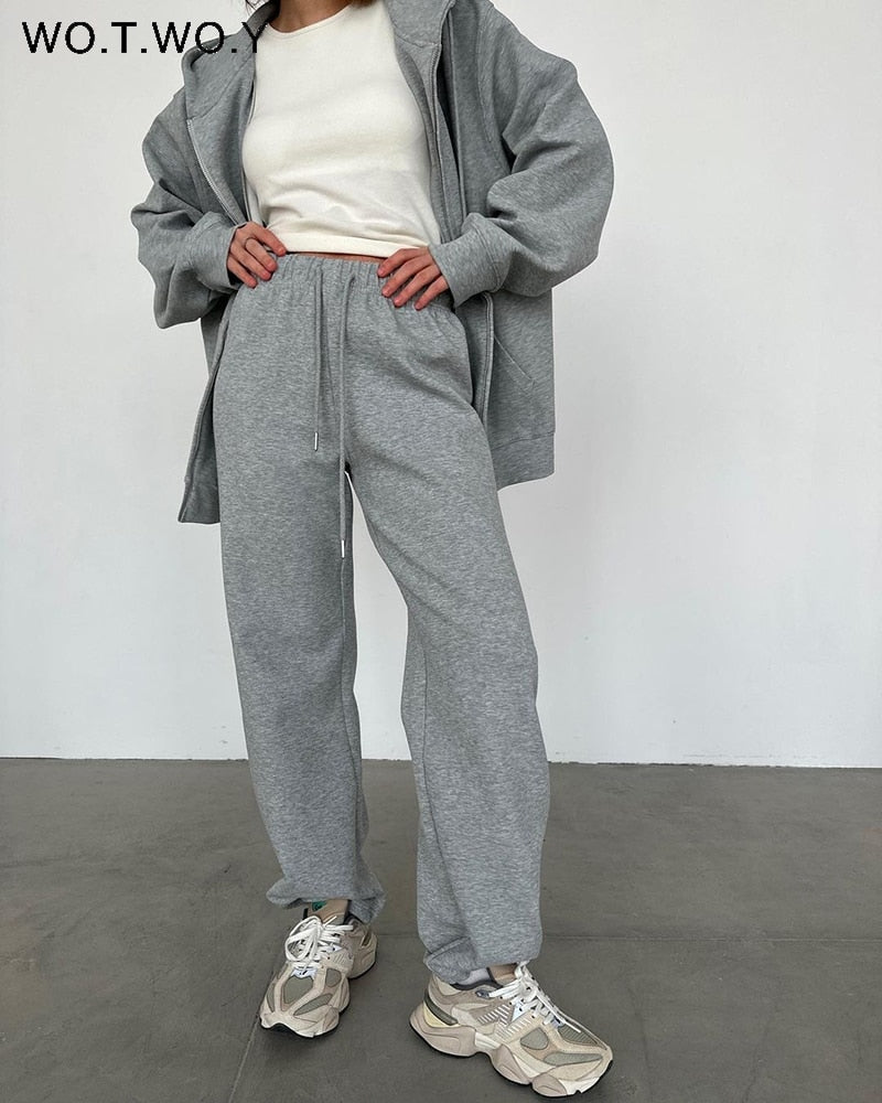 WOTWOY décontracté polaire sweats à capuche et pantalons 2 pièces ensembles femmes tenues automne hiver pantalons de survêtement femme gris pulls