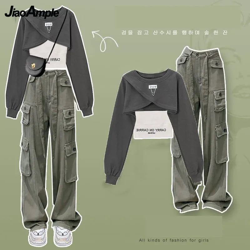Women's Autumn Winter Suit Korean Elegant Loose Short Sweater Vest Cargo Pants 3 Piece 2024 New Casual Sportswear Matching Set