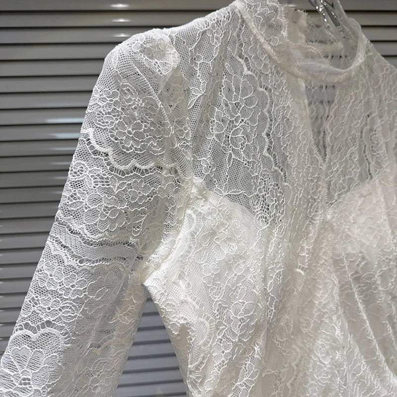 Winter New Fashion Slightly Transparent Lace Design Chest Pad Lined Lace Blouse For Women Versatile Shirts 11A07674