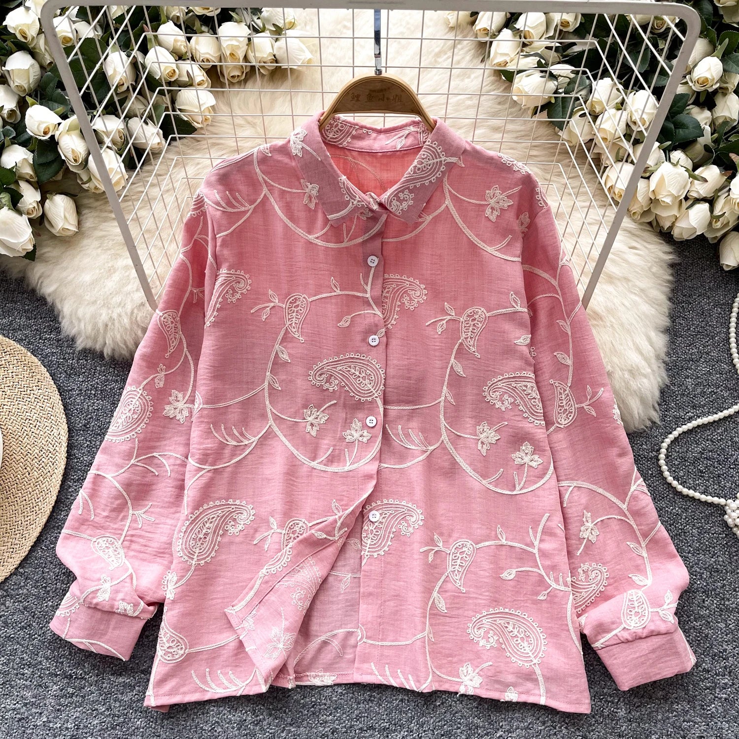 Vintage Elegant Embroidery print turn-down collar Blouse Fashion Single Breasted sweet Shirt Casual Chic Top Fairy Summer Women Pink One Size