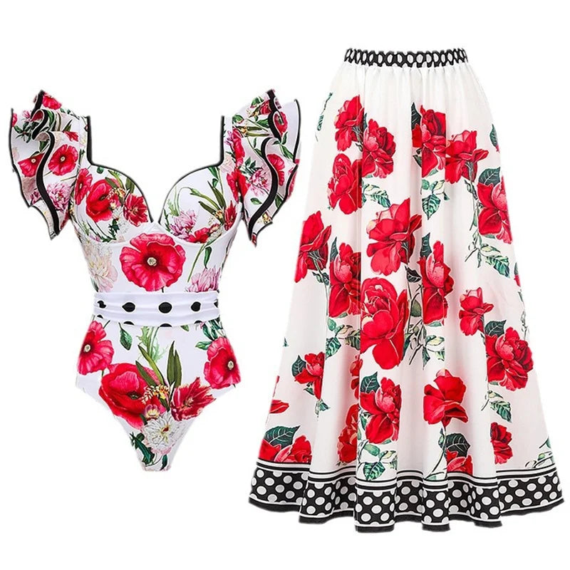 Sexy One Piece Swimsuit Push Up Swimwear Women Ruffle Monokini Cover Up Shoulder Swimsuit Bodysuit Bathing Suit Skirt SET 1