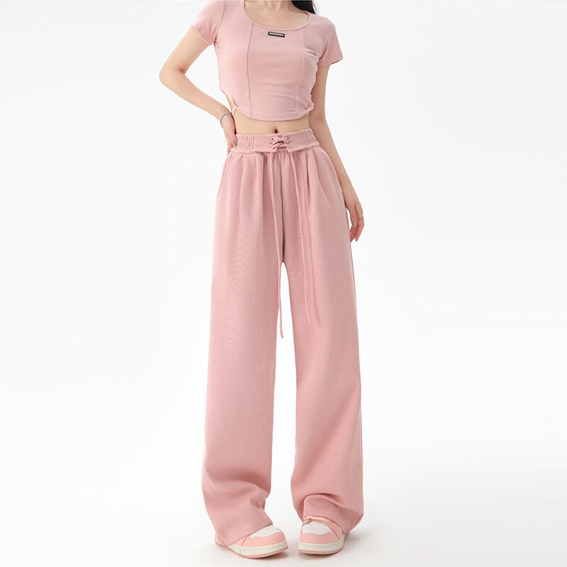 女性春秋パンツファッションハイウエストストレートロングワイドレッグスポーツパンツ女性カジュアル女性長ズボンズボン