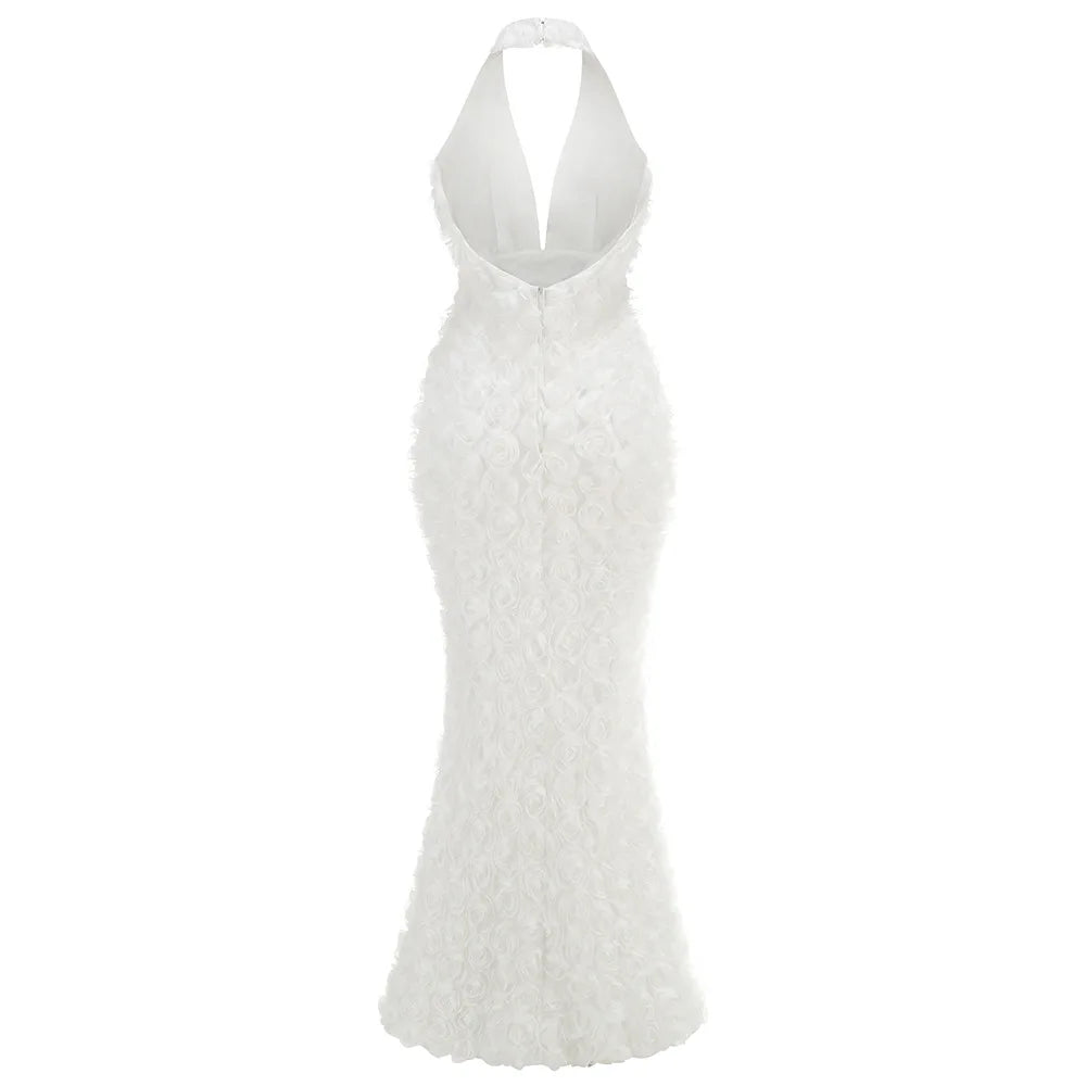 White Color Women Sexy Halter Backless Full Florals Bodycon Long Mermaid Dress Celebrate Wedding Party Birthday Fashion Outfit
