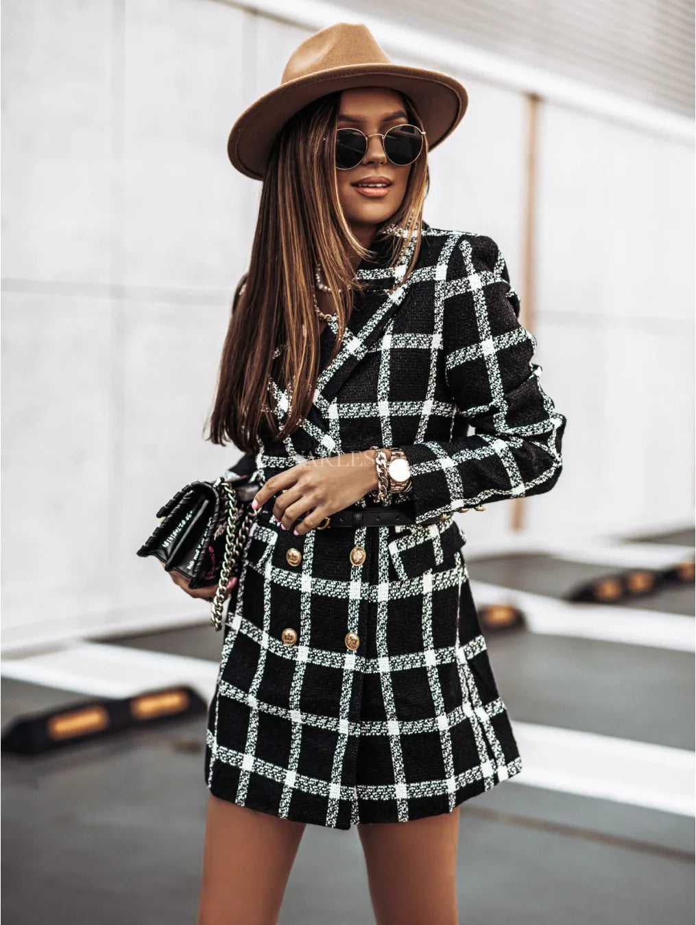Autumn and Winter Long Sleeved Woolen Jacket Elegant Women's Plaid Patchwork Retro Blazers Long Windbreaker Coat black