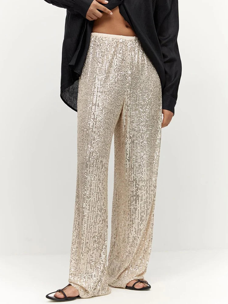 Women Pants Spring Autumn High Waist Straight Long Wide leg Sequins pants Female Casual Female Long Pants Trousers