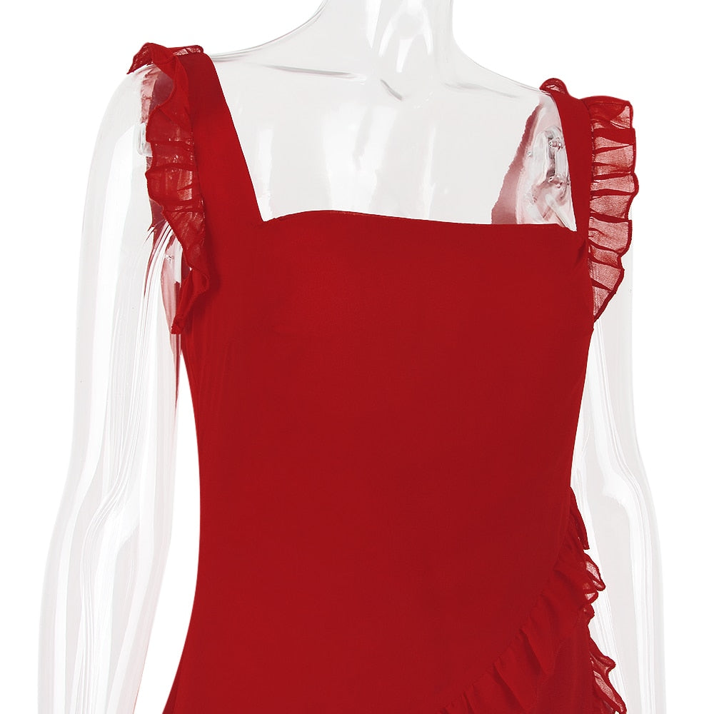 Sexy Slit Long Dress Red Chiffon Skirt Summer Sleeveless Falbala Dresses for Women 2024 Traf Formal Occasion Dresses Vestido