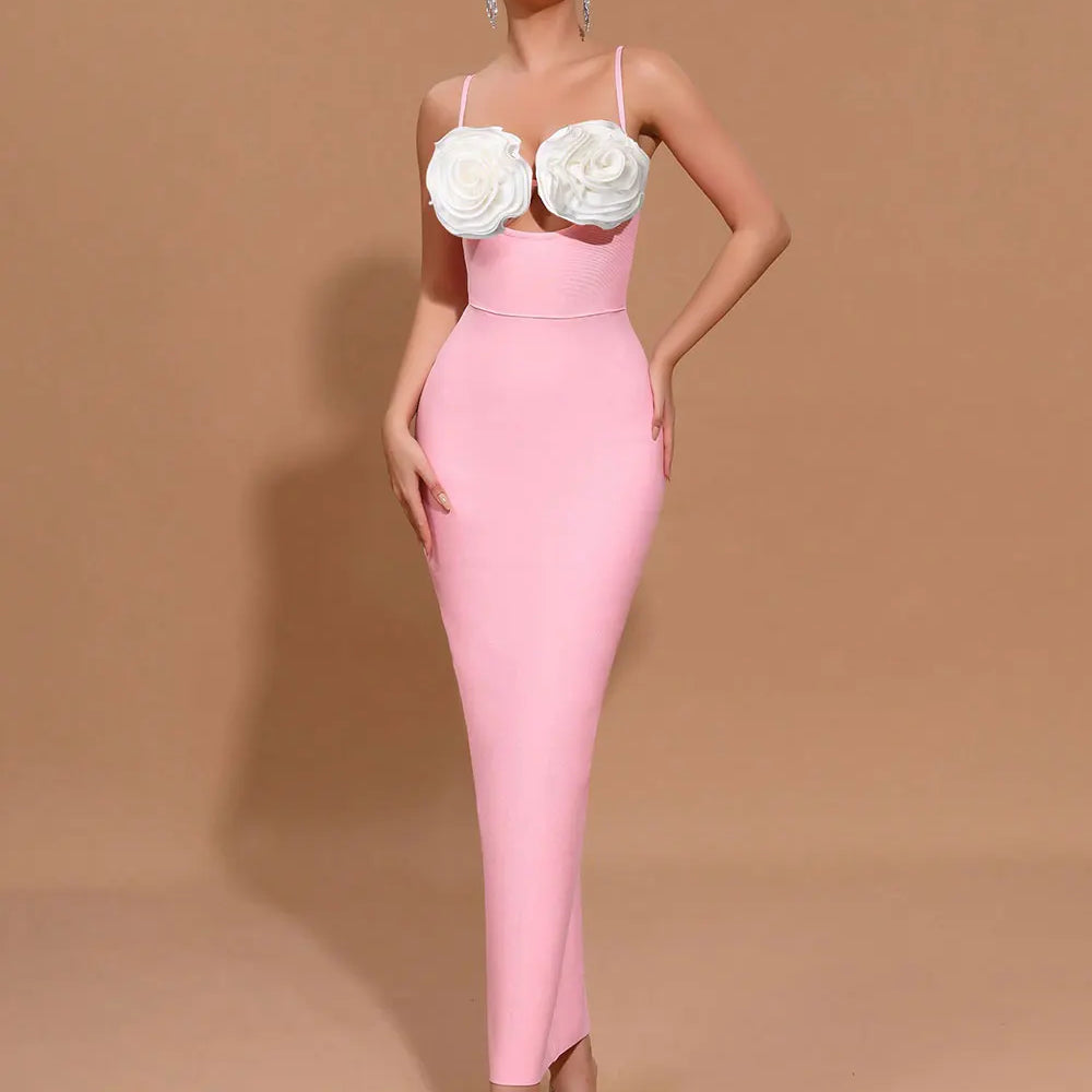 2024 Sexy Women'S Light Luxury Flower Design Bandage Dress Spaghetti Strap Sleeveless Bodycon Backless Long Dresses Vestidos
