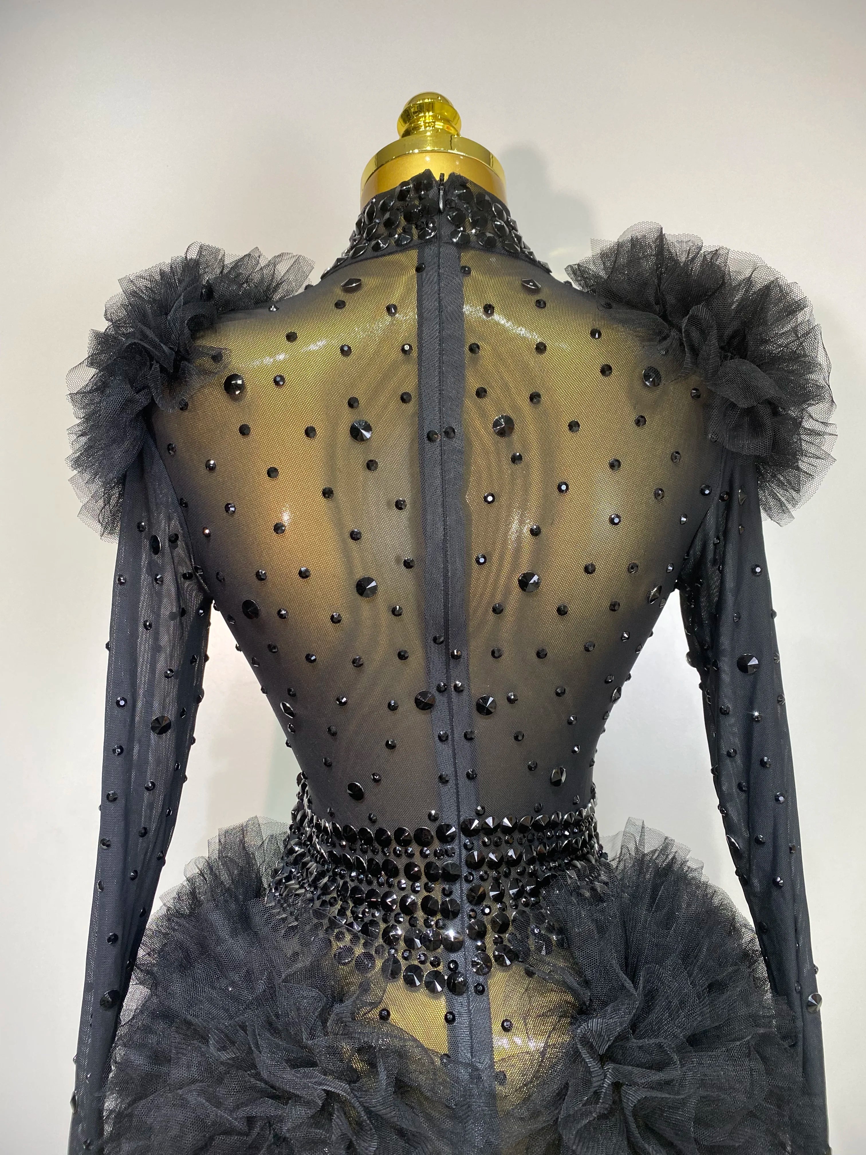 Sexy See Through Luxury Rhinestone Bodysuit Women Sexy Bodycon Mesh Ruffles Performance Dance Singer Nightclub Stage Outfit