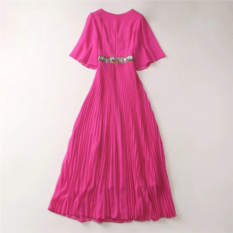 Solid Sheer Spliced Sequin Dresses for Women Square Neck Half Sleeves Patchwork Folds Elegant Dress Female Clothing