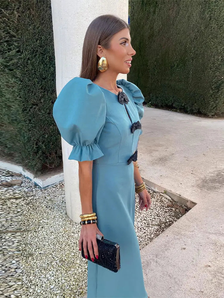 Fashion Short Puff Sleeves Bow Midi Dress For Women Solid Round Neck Slim Fit Dresses Elegant Party Club Vestidos