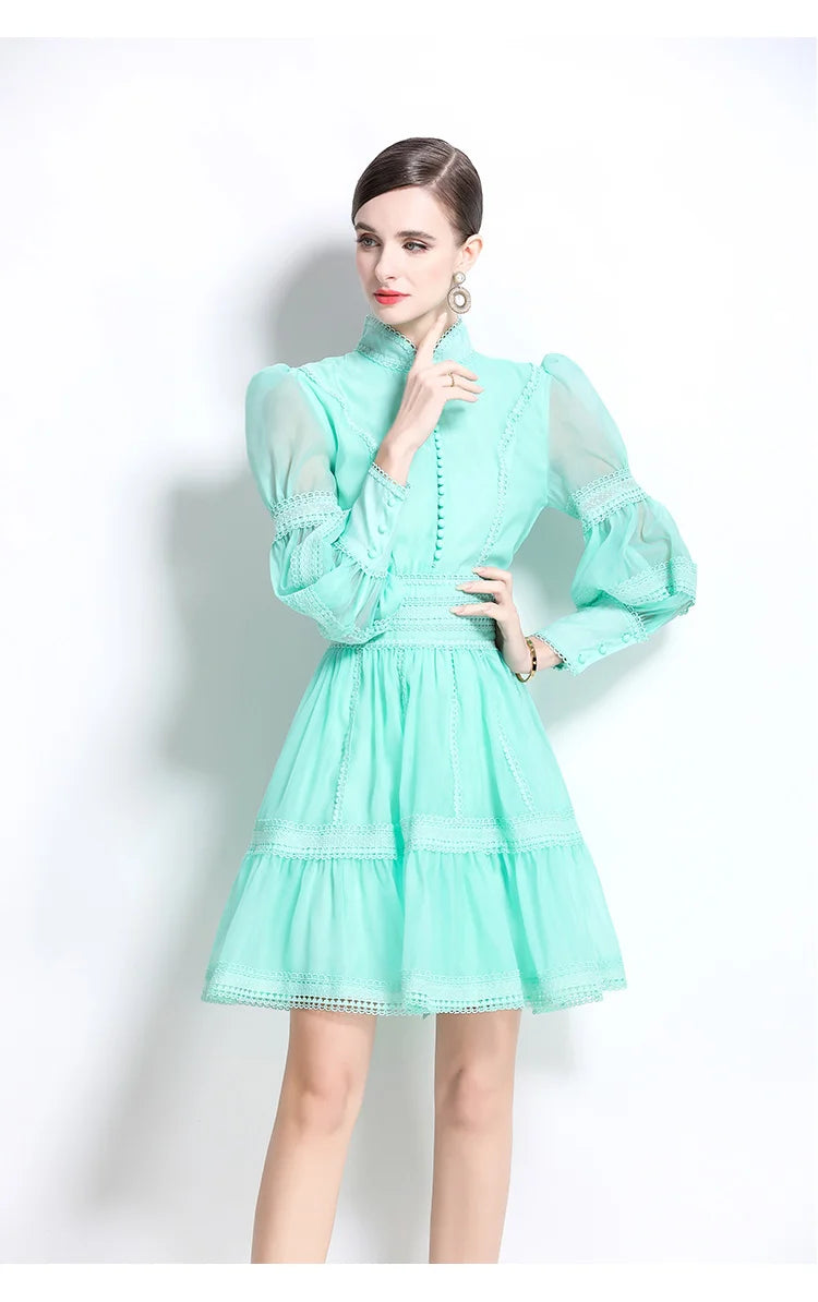 Autumn Elegant Hollow Out Embroidery Lace Splice Mini Dress Women's Stand Lantern Sleeve Buttons Evening Party Robe Vestidos light green