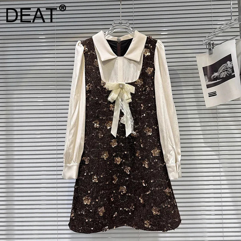 Winter New Fashion Bowknot Shirt Patchwork Sequin Tweed Dress For Women Elegant Casual Long Sleeve Dresses 11A07765
