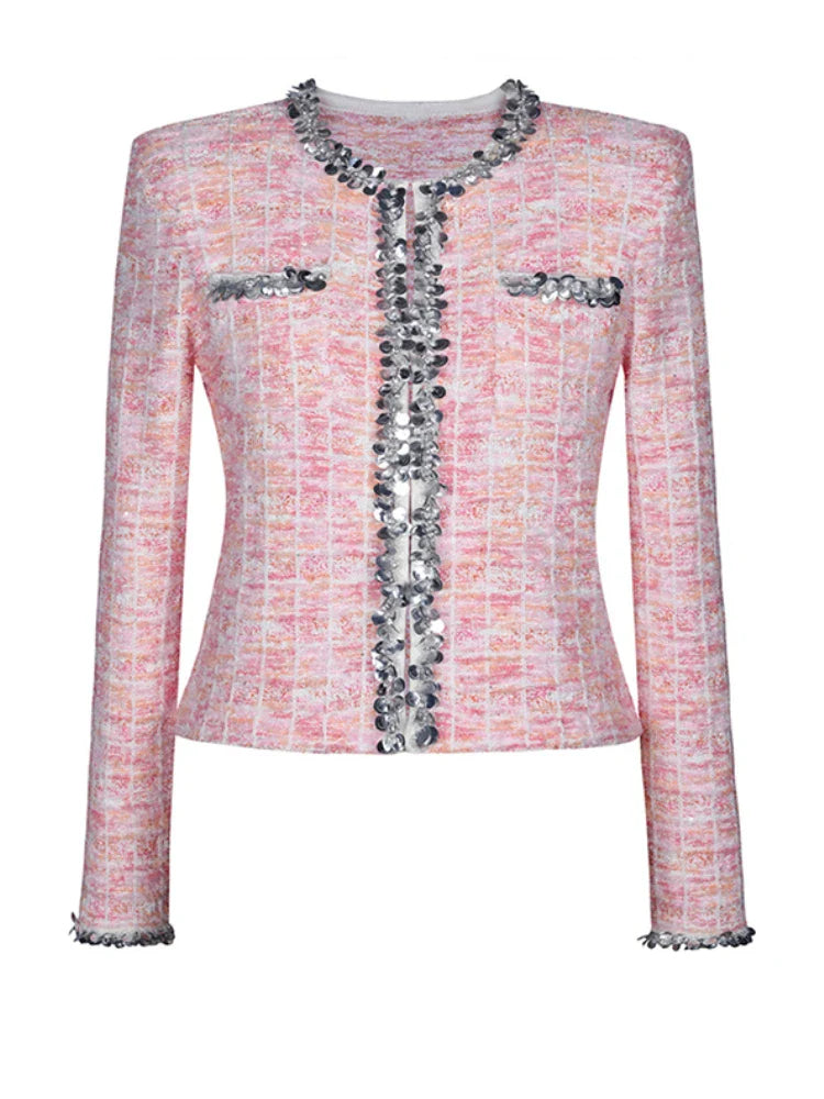 Two Piece Sets for Women Round Neck Long Sleeves Spliced Diamonds Top High Waist Patchwork Pockets Skirt Female New PINKTOP