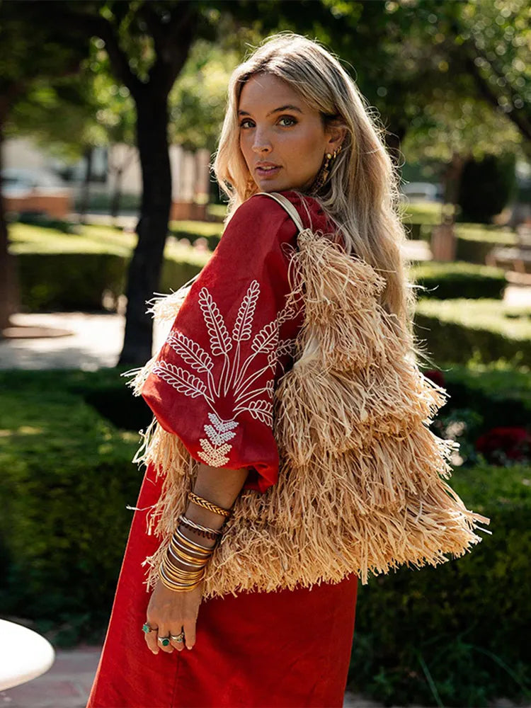 Fashion Linen Printed Women's Slit Maxi Dress Casual Loose V Neck Long Cuff Sleeves Vestidos Spring Lady Vacation Chic Robe