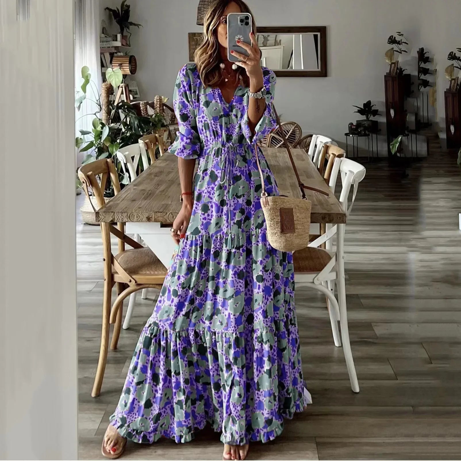 Spring Autumn Flower Print Long Dresses For Women Casual Holiday A-line Beach Dress Fashion Elegant Bohemian Style Maxi Vestidos purple.