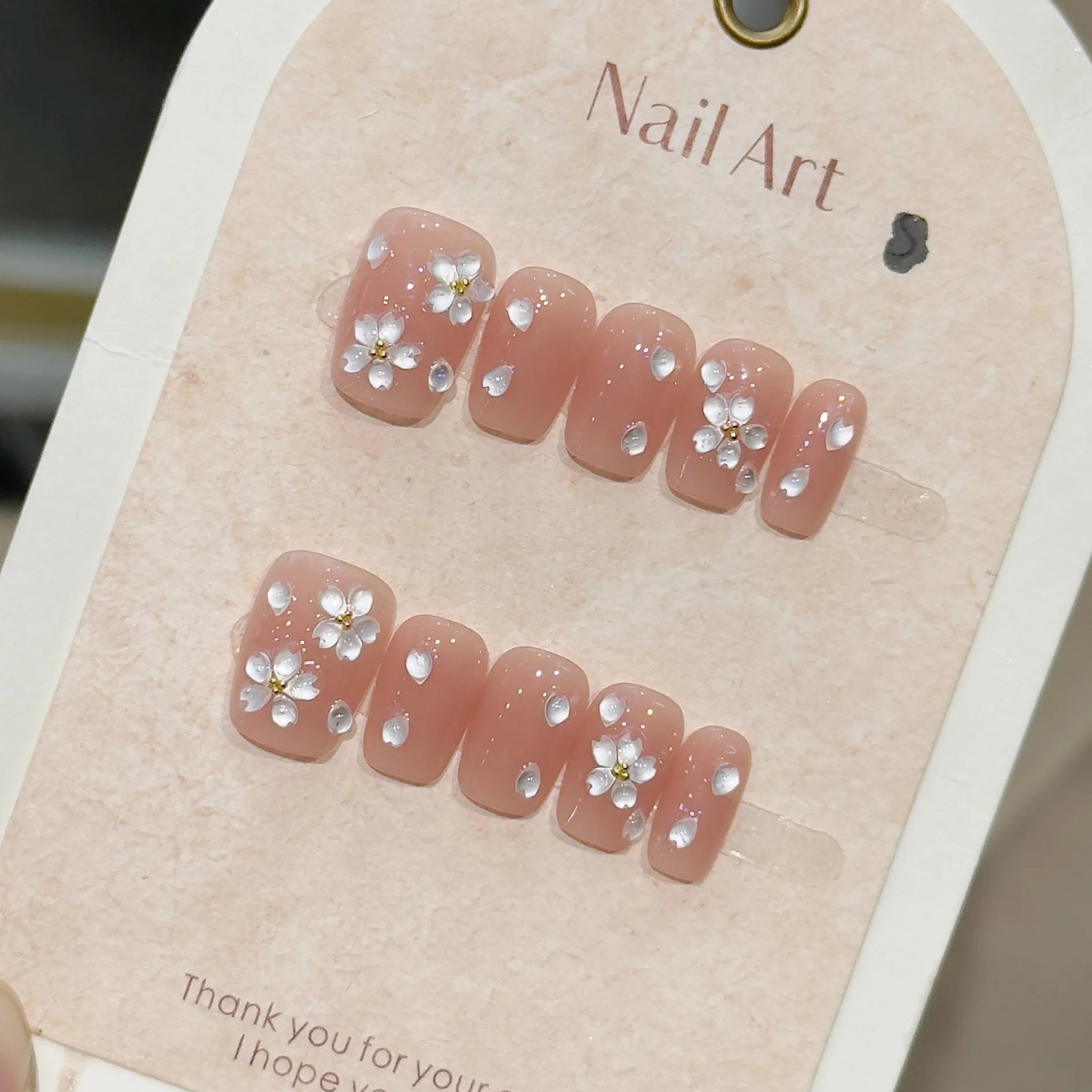 10Pcs Blush Pink Ballet Fake Nails Art Sweet Summer Wearing Fashion Short Square Manicure Handmade White Flowers Nail Stickers
