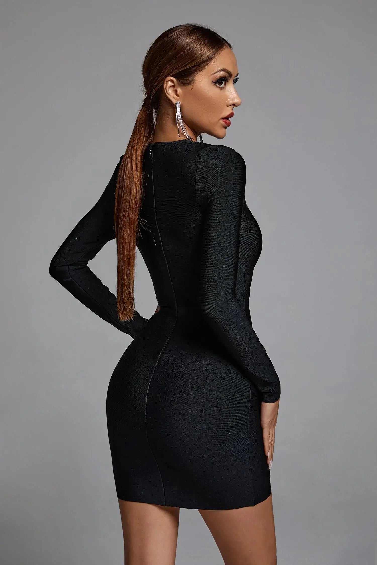 Black New Winter Black Beading Long Sleeve Dress Sexy Hollow Out Sheath Mini Club Celebrity Runway Party Dress