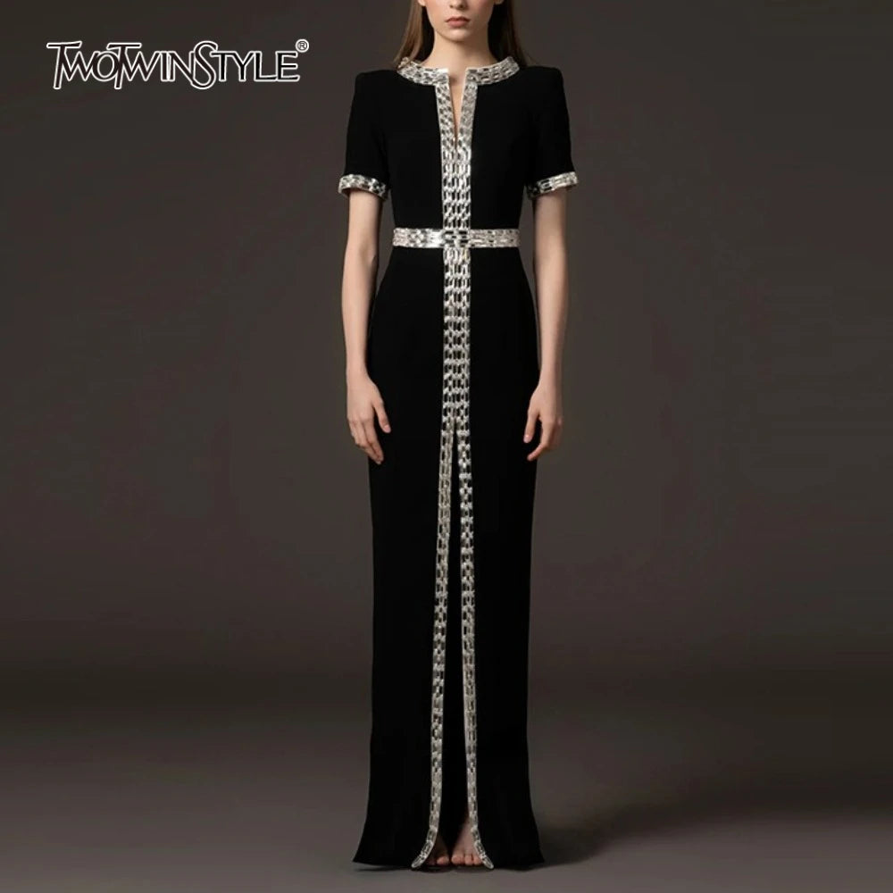 Solid Spliced Bead Elegant Dresses for Women V Neck Short Sleeves High Waist Patchwork Split Long Dress Female New