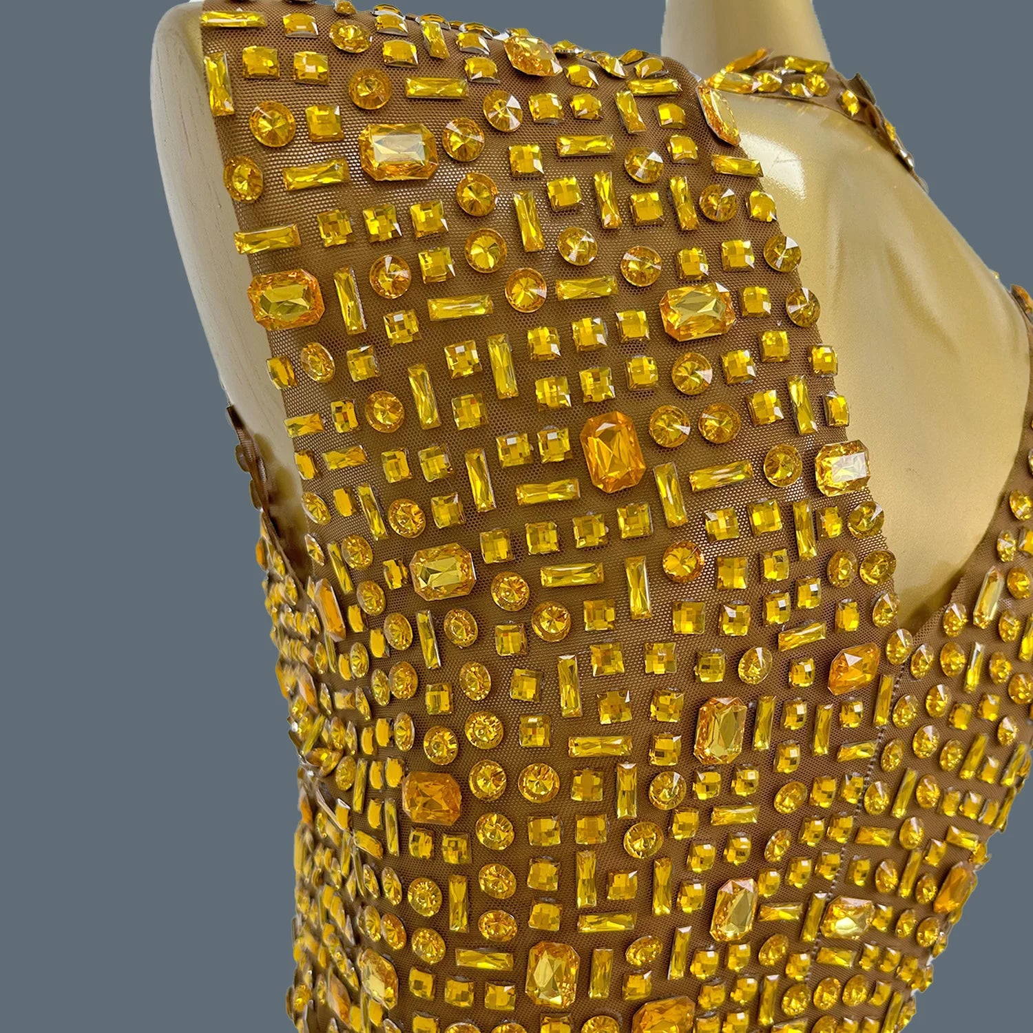 Lady Sexy Two Piece Set See Through Slit Crystal Rhinestone Mesh Dress for Club Party Wear Red Carpet Stage Show Costume Gesebei