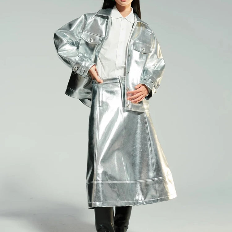 Lautaro-Women's Shiny Patent Faux Leather Jacket with Raglan Long Sleeve, Luxury Designer Clothing, Spring, Autumn, Silver, Y2K
