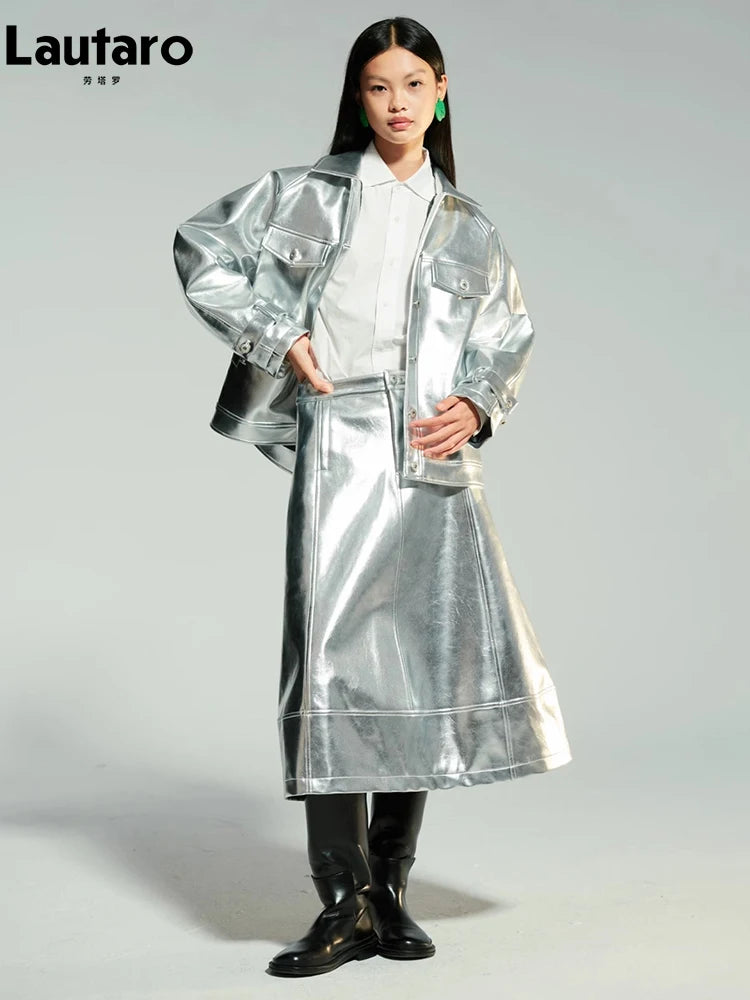 Lautaro-Women's Shiny Patent Faux Leather Jacket with Raglan Long Sleeve, Luxury Designer Clothing, Spring, Autumn, Silver, Y2K