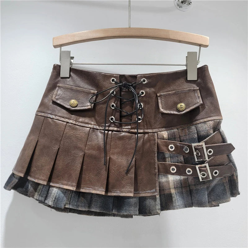Spring New Fashion Fake Two-Piece PU Leather Patchwork Pleated Short Skirt For Women Side Zipper Skirts 11A07885 Khaki