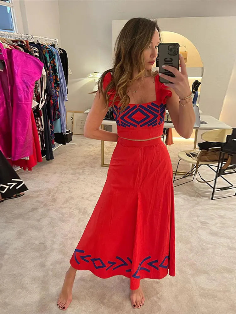 Fashion Sleeveless Short Top Skirt Set For Women Slim High Waisted Pattern Female Skirts Suit Casual Beach Holidays Prom Gowns Red