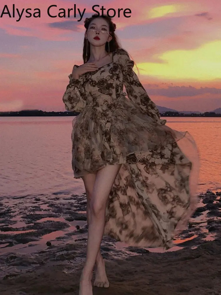 Autumn Floral Fairy Dresses for Women Luxury Designer Slim Korean Princess Dresses Female Chic Elegant Casual Party Dresses