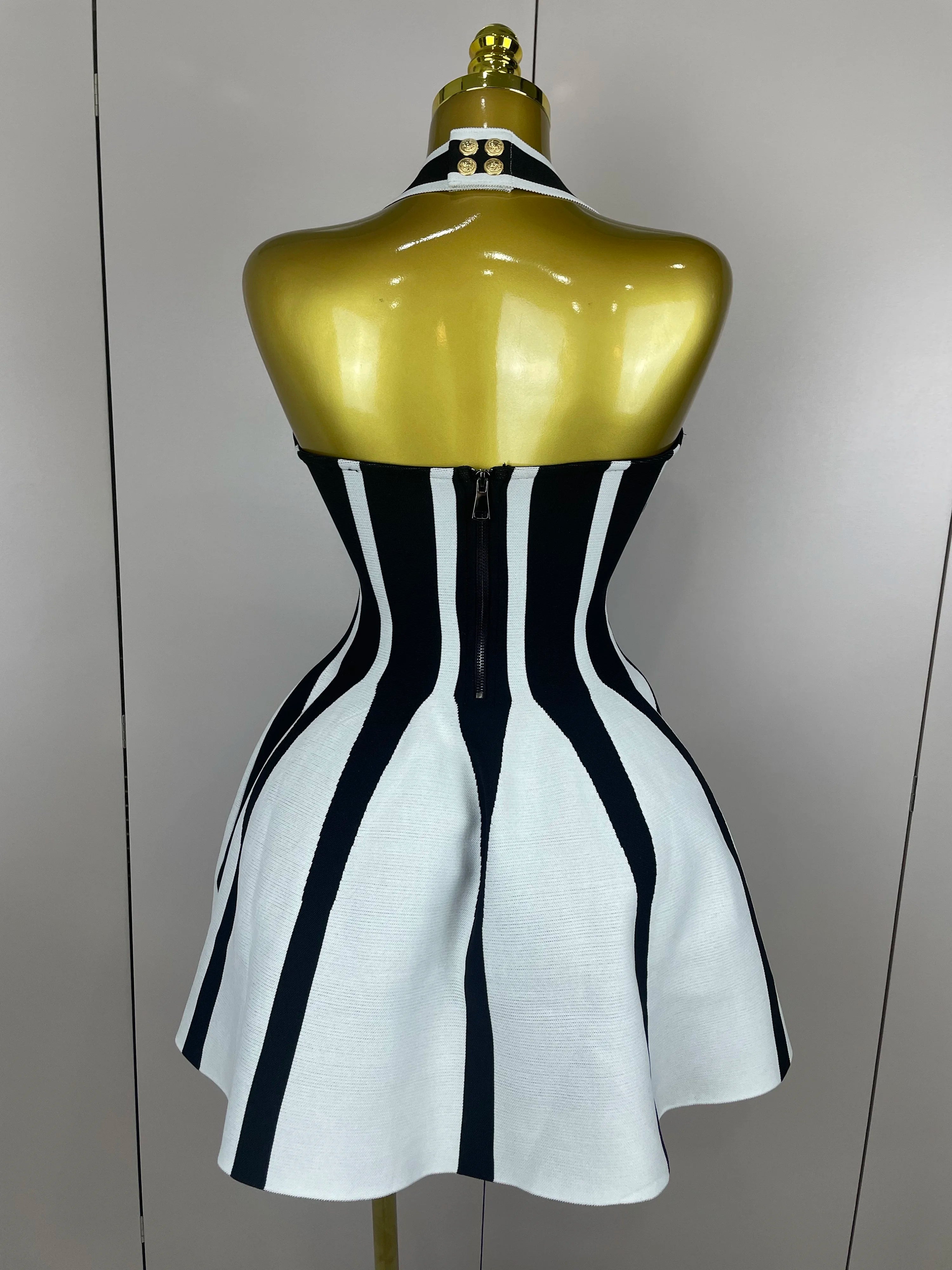 Sexy Backless Black White Stripes Halter Bandage A Line Short Dress 2025Women Celebrity Elegant Evening Party Holiday Club Dress