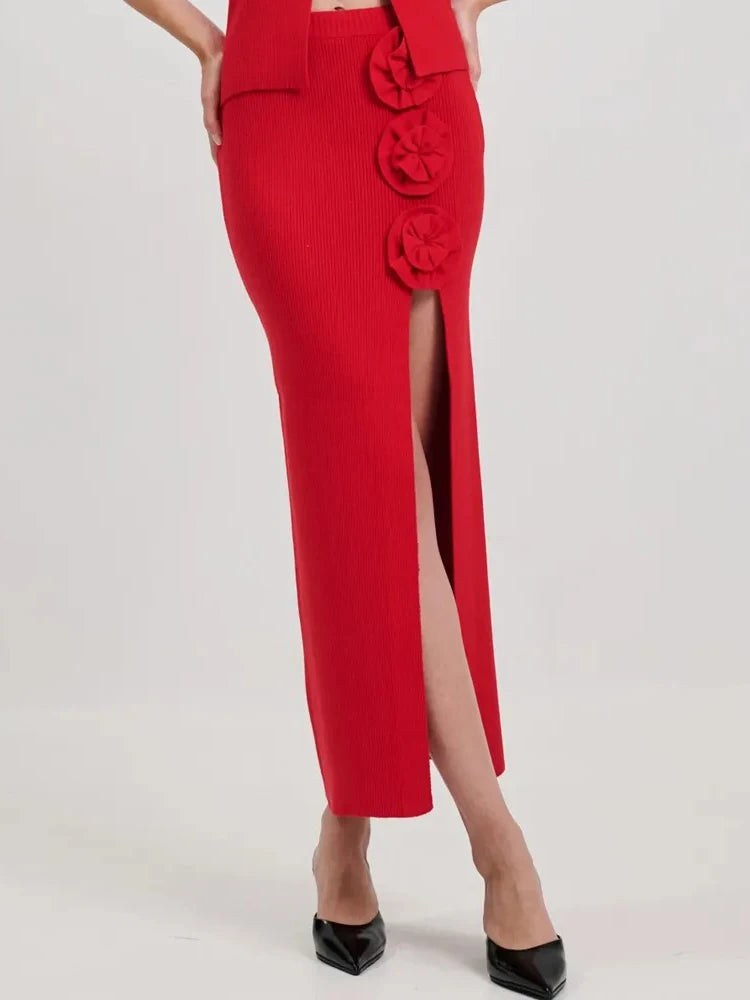 Stylish Chic Casual Red High Waisted Midi Bandage Dress Three Dimensional Roses and Slits Party Outdoor Skirt