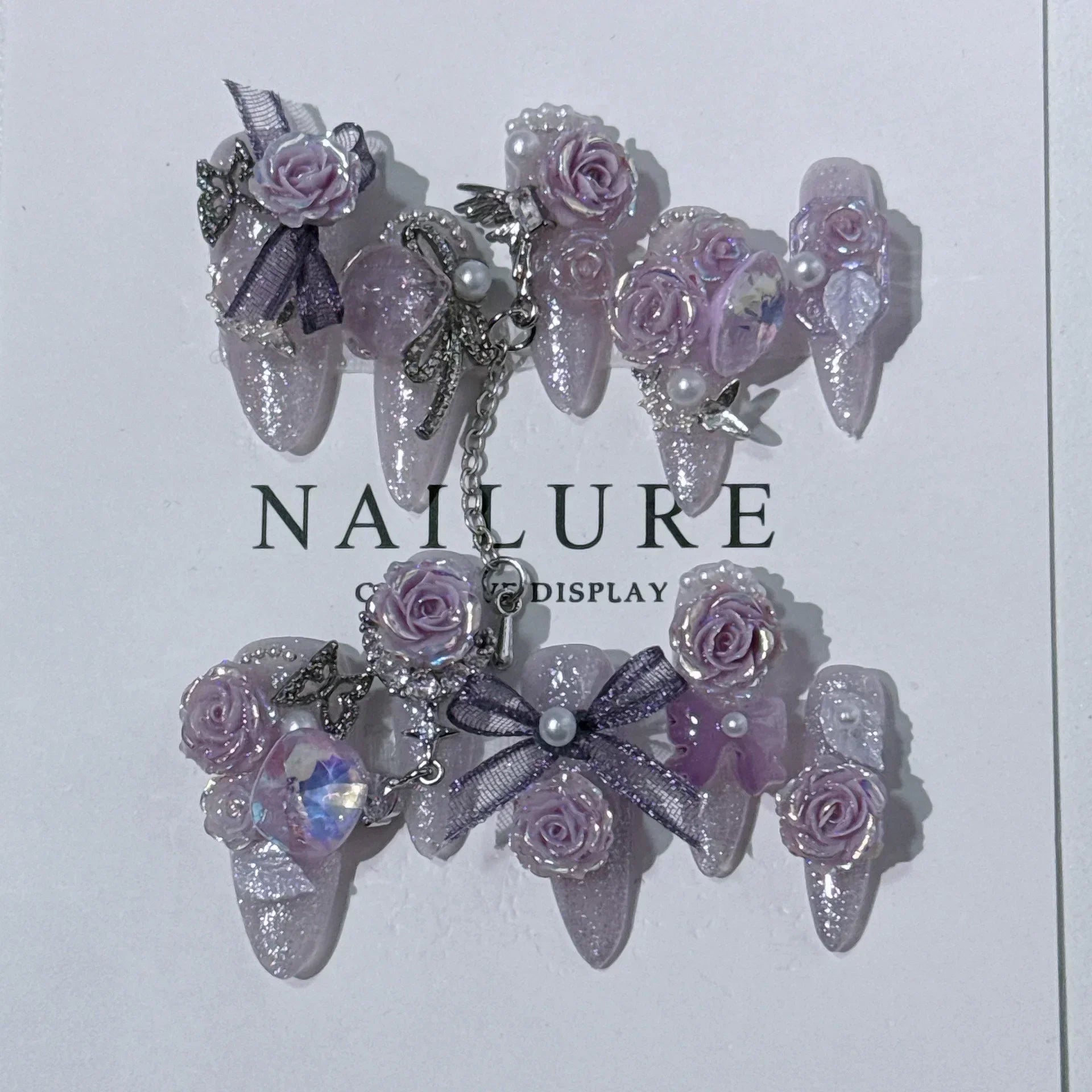 10Pcs Purple Flower Handmade Almond Press on Nails French Rhinestone Full Cover Fake Nail Ballet Manicure Wearable Nail Tips 1 XS