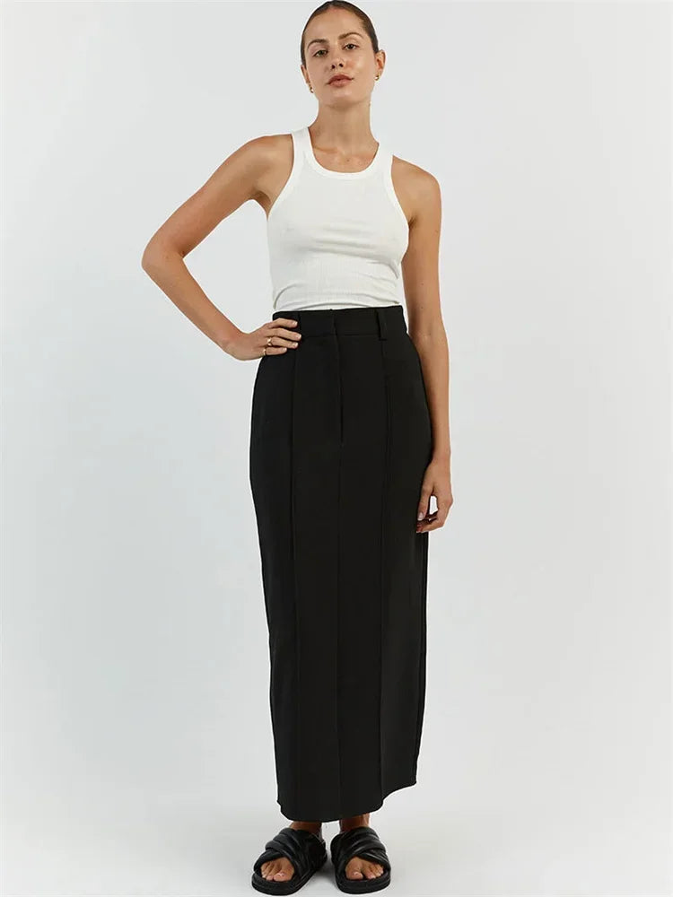 Patchwork High Waist Slim Long Skirt Female Solid High Street Elegant Fashion Seamless Vintage White Women's Maxi Skirt black