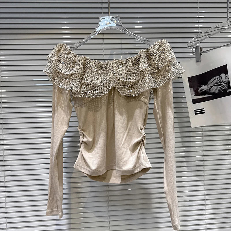 Winter New Fashion Sequin Hollow Layered Collar Long Sleeve T-Shirt For Women Slim Fit Off-shoulder Tops 11A07713