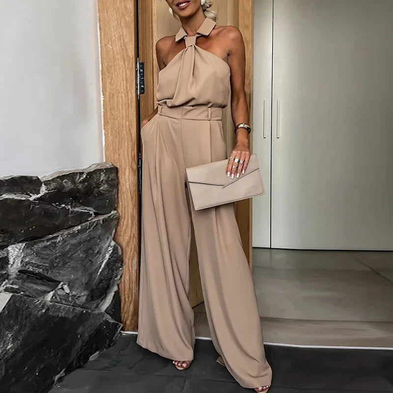 Elegant Solid Color Sleeveless Pocket Jumpsuit New Lapel High Waist Commute Romper Summer Off Shoulder Temperament Slim Playsuit 01 Camel