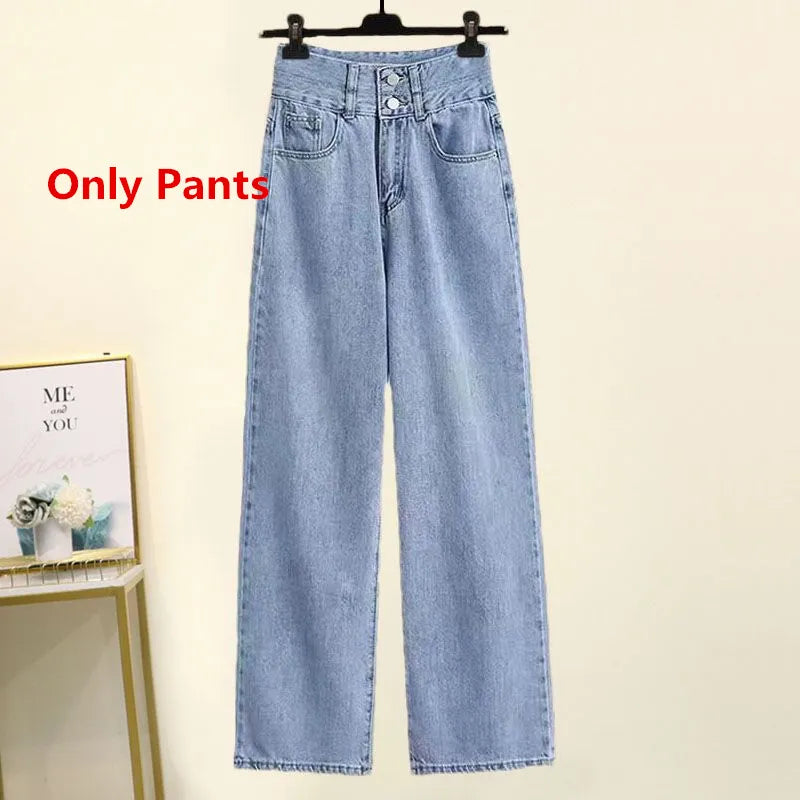 Women High Waist Long Denim Pants 2024 Summer Lady Daily Solid Shirt Vest Jeans 3 Piece Set Korean Fashion Blouse Tank Top Suits Only Blue Jeans