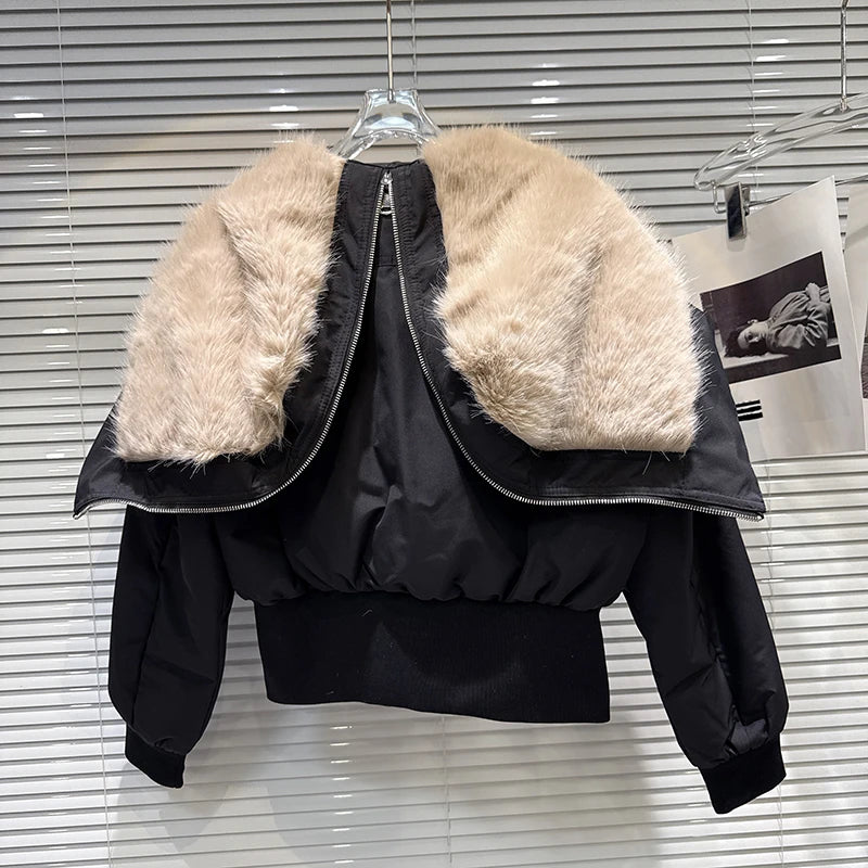 Winter New Fashiona Zipper Big Fur Sailor Collar Waist-Cinching Short Cotton Jacket For Women Short Coat 11A07588 Black
