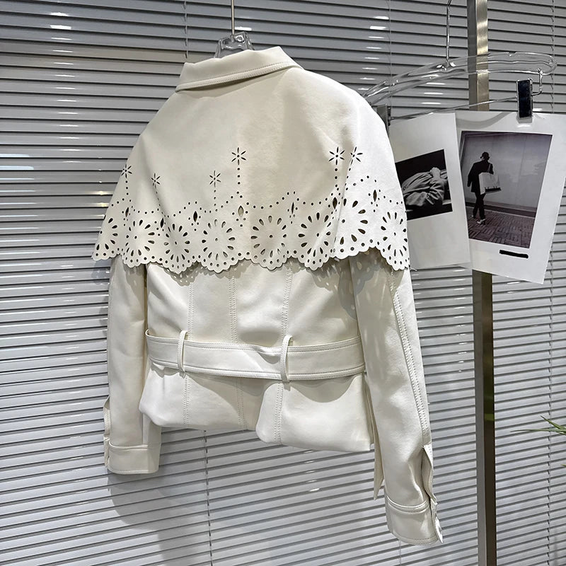 Winter New Fashion Women's Two-pieces Set For Women Hollow Out Shawl Quilted Leather Jacket Cake Skirt Female 11A07466